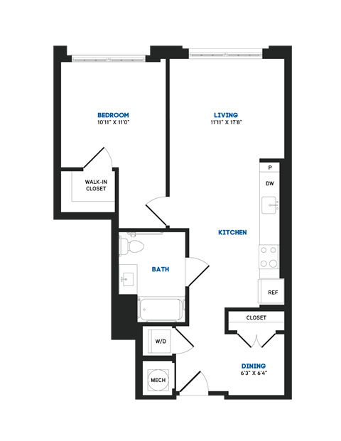 Floor plan for 1 bed, 1 bath, 726 sqft