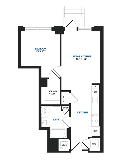 Floor plan for 1 bed, 1 bath, 694 sqft