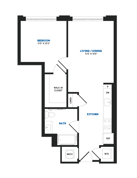 Floor plan for 1 bed, 1 bath, 694 sqft