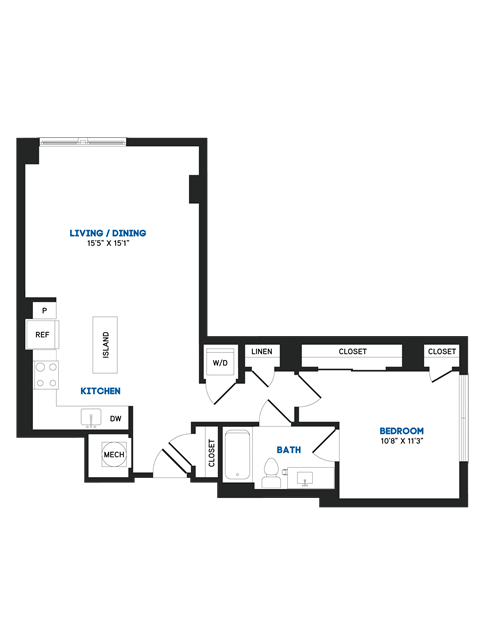 Floor plan for 1 bed, 1 bath