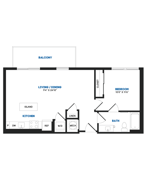Floor plan for 1 bed, 1 bath