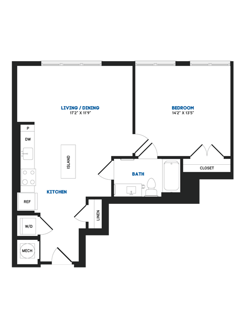 Floor plan for 1 bed, 1 bath, 761 sqft