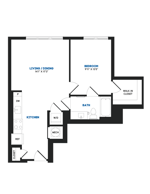 Floor plan for 1 bed, 1 bath, 698 sqft