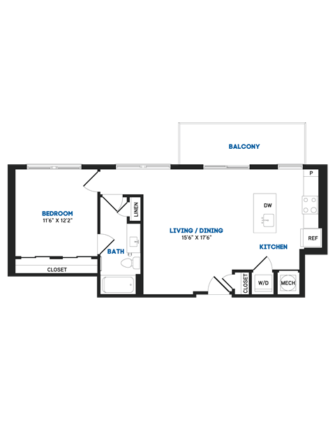 Floor plan for 1 bed, 1 bath