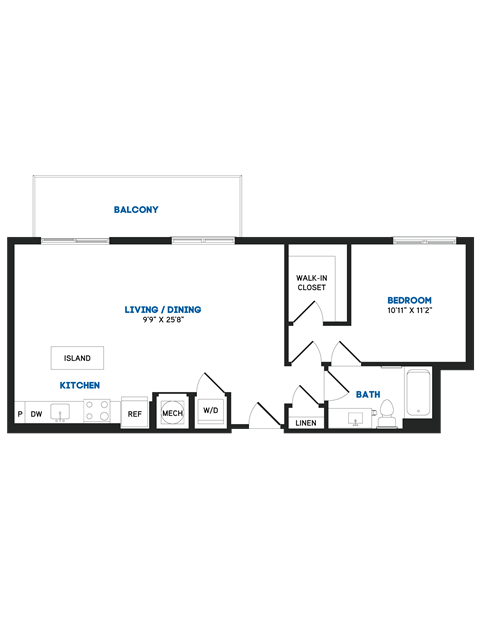Floor plan for 1 bed, 1 bath