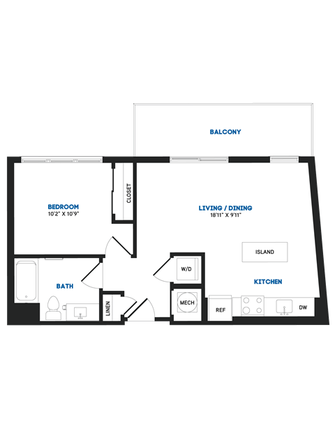 Floor plan for 1 bed, 1 bath, 623 sqft