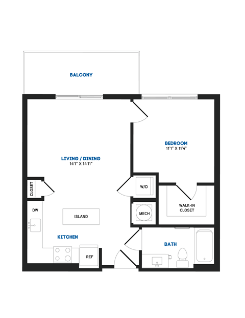 Floor plan for 1 bed, 1 bath, 628 sqft