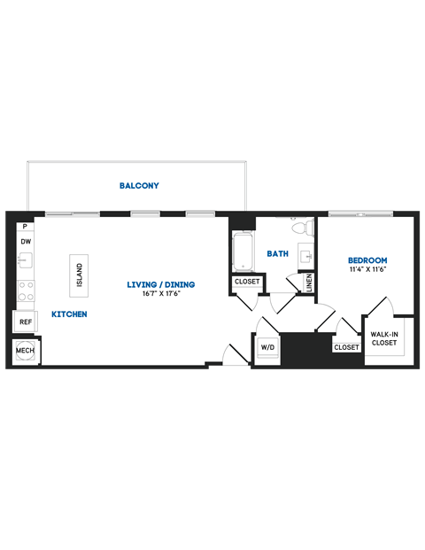 Floor plan for 1 bed, 1 bath