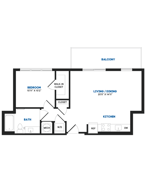Floor plan for 1 bed, 1 bath, 660 sqft