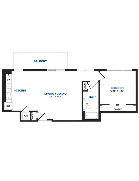 Floor plan for 1 bed, 1 bath, 828 sqft