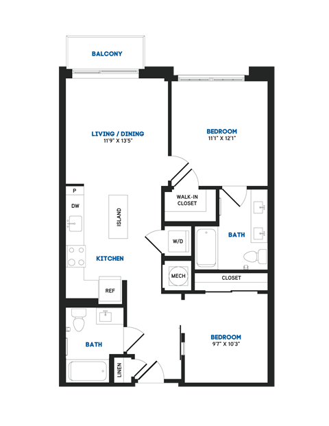 Floor plan for 2 beds, 2 baths, 859 sqft