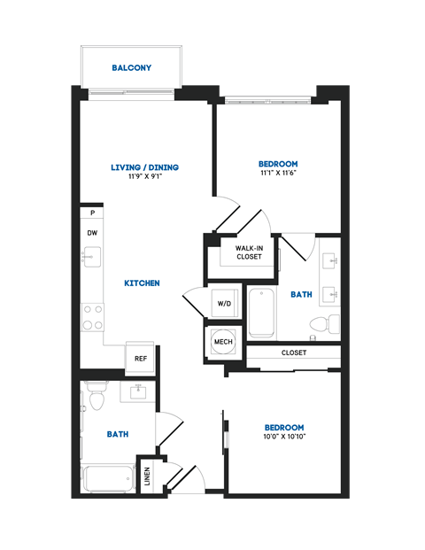 Floor plan for 2 beds, 2 baths
