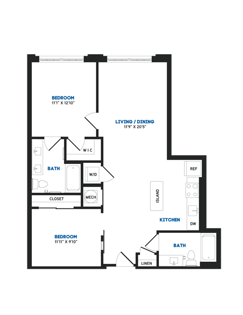 Floor plan for 2 beds, 2 baths, 990 sqft