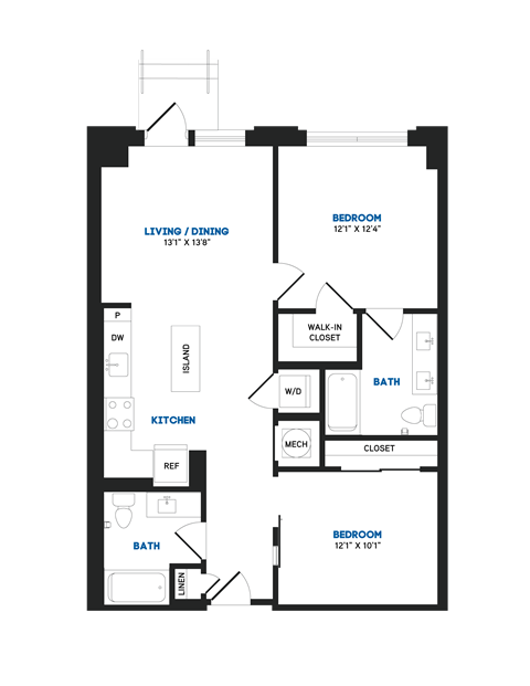 Floor plan for 2 beds, 2 baths, 944 sqft