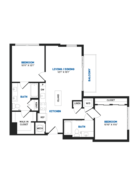 Floor plan for 2 beds, 2 baths