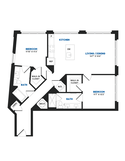 Floor plan for 2 beds, 2 baths, 1107 sqft