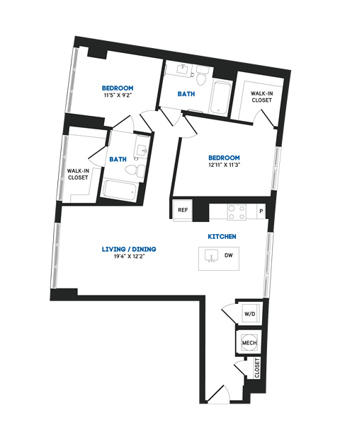 Floor plan for 2 beds, 2 baths