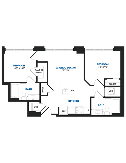 Floor plan for 2 beds, 2 baths