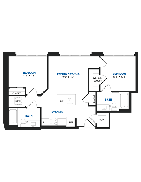 Floor plan for 2 beds, 2 baths, 802 sqft
