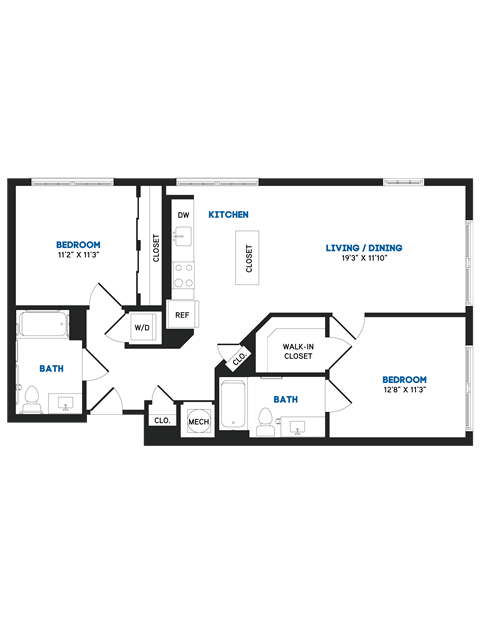 Floor plan for 2 beds, 2 baths