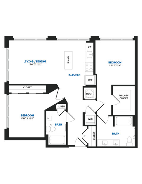 Floor plan for 2 beds, 2 baths, 1061 sqft