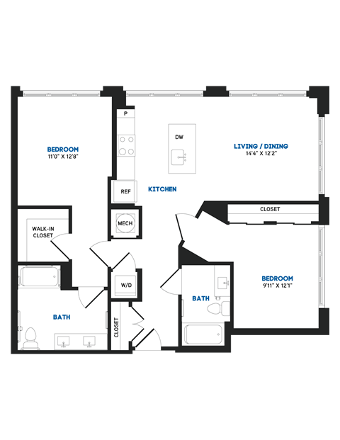 Floor plan for 2 beds, 2 baths