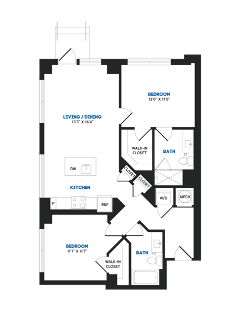 Floor plan for 2 beds, 2 baths