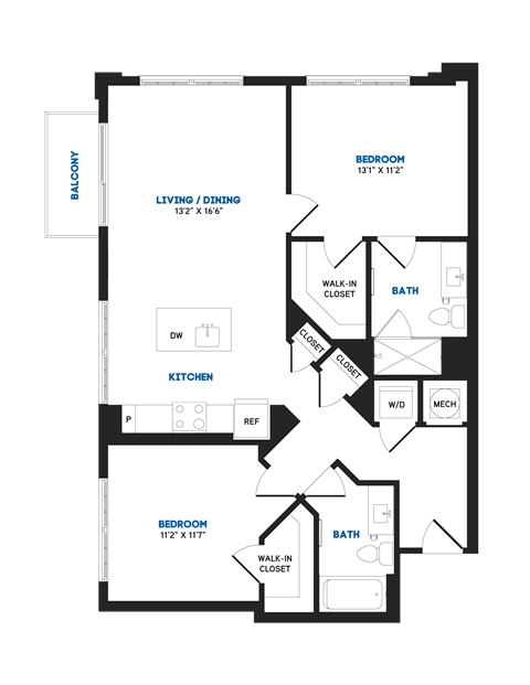 Floor plan for 2 beds, 2 baths, 1067 sqft