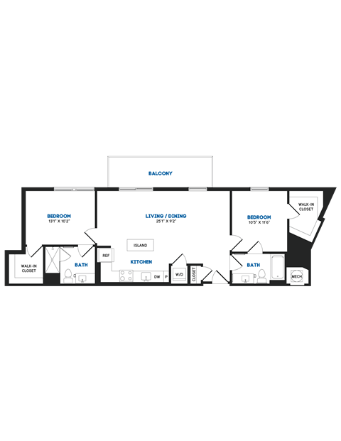 Floor plan for 2 beds, 2 baths, 1028 sqft