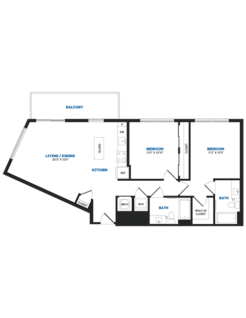 Floor plan for 2 beds, 2 baths, 1099 sqft