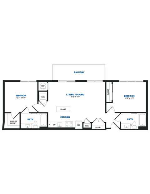 Floor plan for 2 beds, 2 baths, 987 sqft