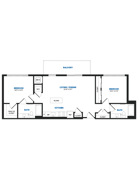 Floor plan for 2 beds, 2 baths, 978 sqft