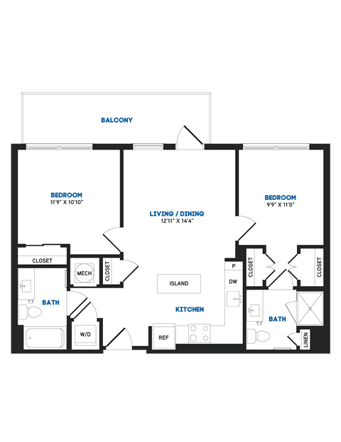 Floor plan for 2 beds, 2 baths, 858 sqft