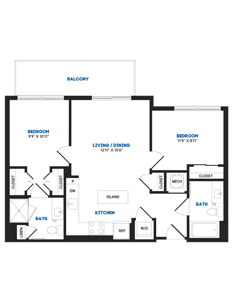 Floor plan for 2 beds, 2 baths