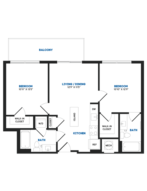 Floor plan for 2 beds, 2 baths, 835 sqft