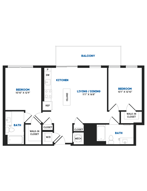 Floor plan for 2 beds, 2 baths, 966 sqft