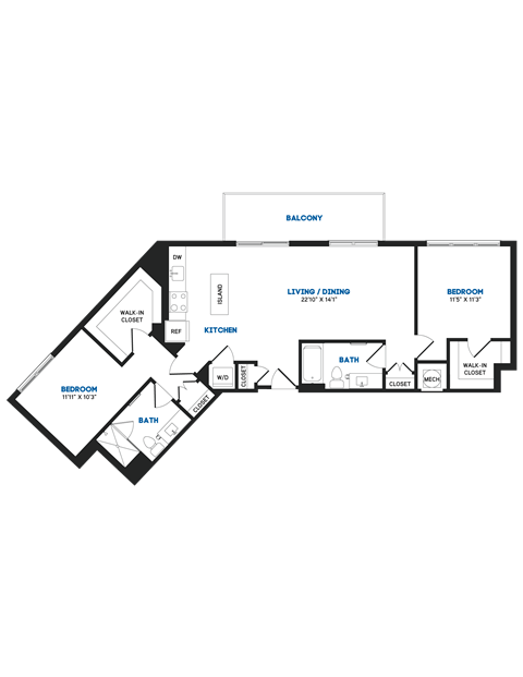 Floor plan for 2 beds, 2 baths, 1119 sqft