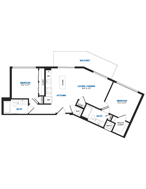 Floor plan for 2 beds, 2 baths