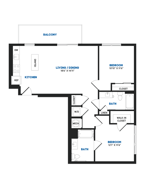 Floor plan for 2 beds, 2 baths