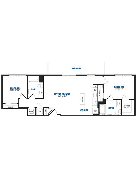 Floor plan for 2 beds, 2 baths, 1065 sqft
