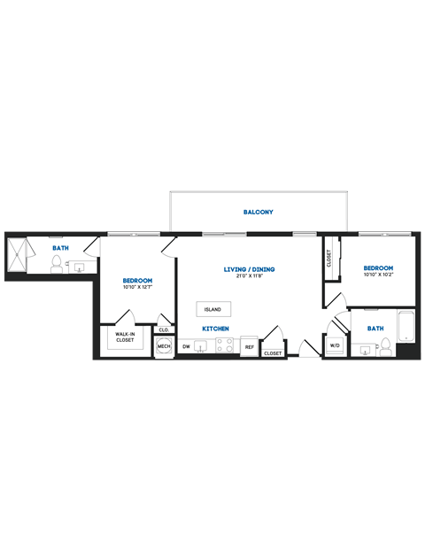 Floor plan for 2 beds, 2 baths, 947 sqft