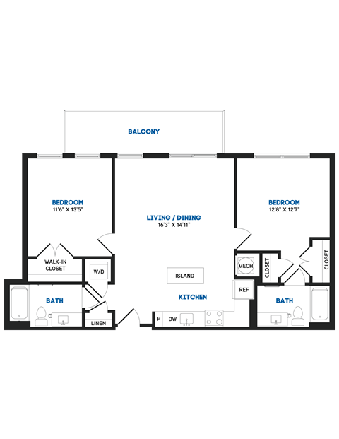 Floor plan for 2 beds, 2 baths, 1018 sqft