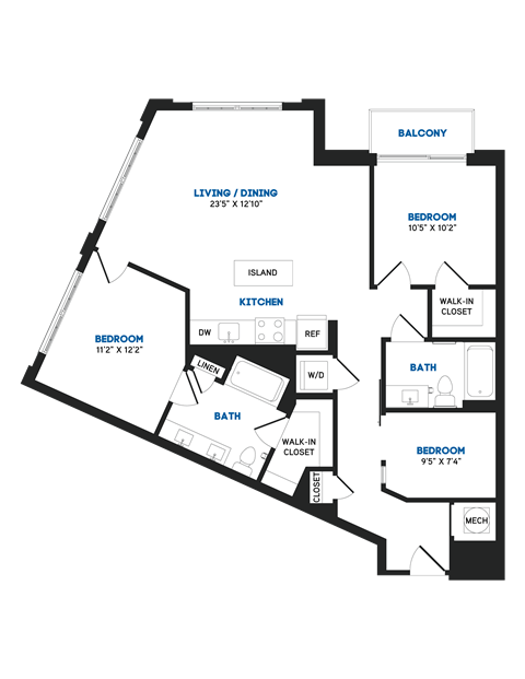 Floor plan for 2 beds, 2 baths, 1136 sqft
