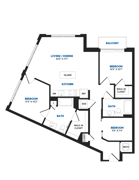 Floor plan for 2 beds, 2 baths