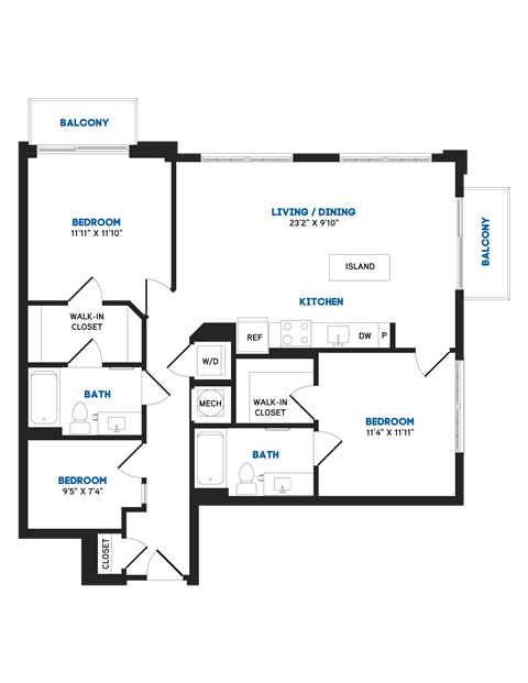 Floor plan for 2 beds, 2 baths, 1118 sqft