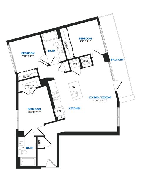 Floor plan for 3 beds, 2 baths, 1151 sqft
