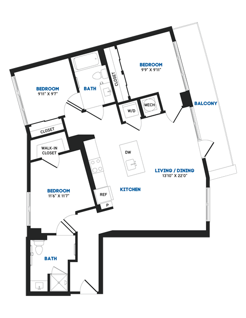 Floor plan for 3 beds, 2 baths