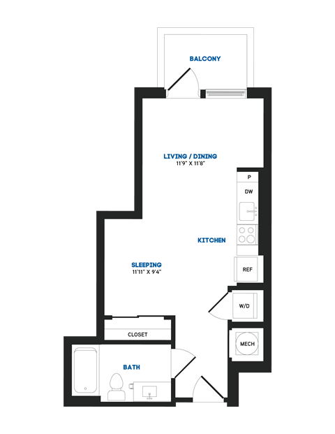 Floor plan for studio, 1 bath, 452 sqft