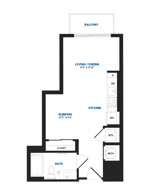 Floor plan for studio, 1 bath, 452 sqft