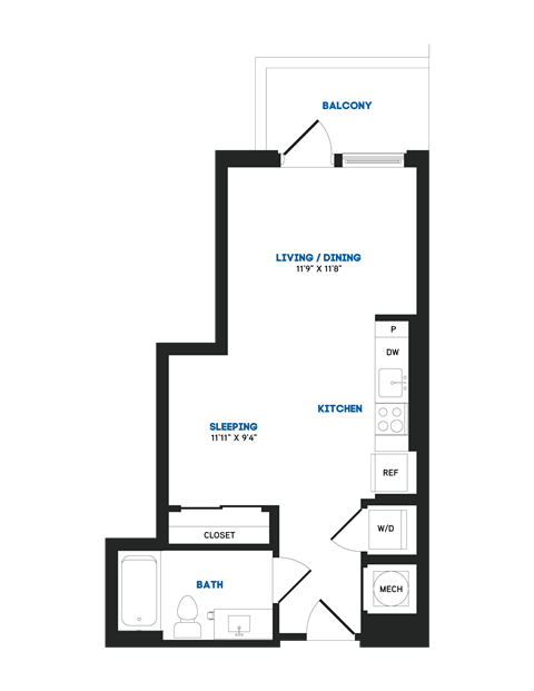 Floor plan for studio, 1 bath